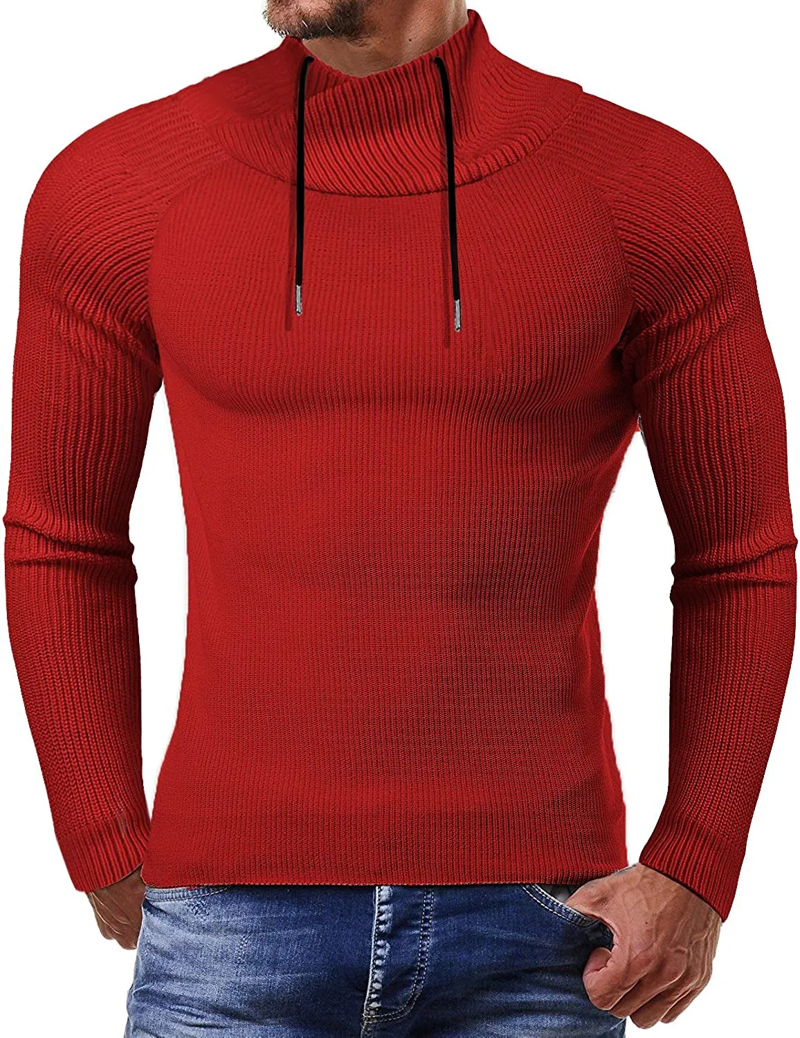 Men's Black Knitted Turtleneck String Collar Sweater