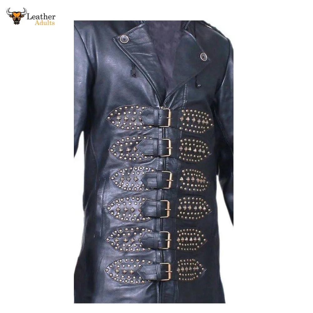 Men's Black Real Cowhide Leather Detachable Hood Matrix STEAMPUNK Van Helsing Trench Coat