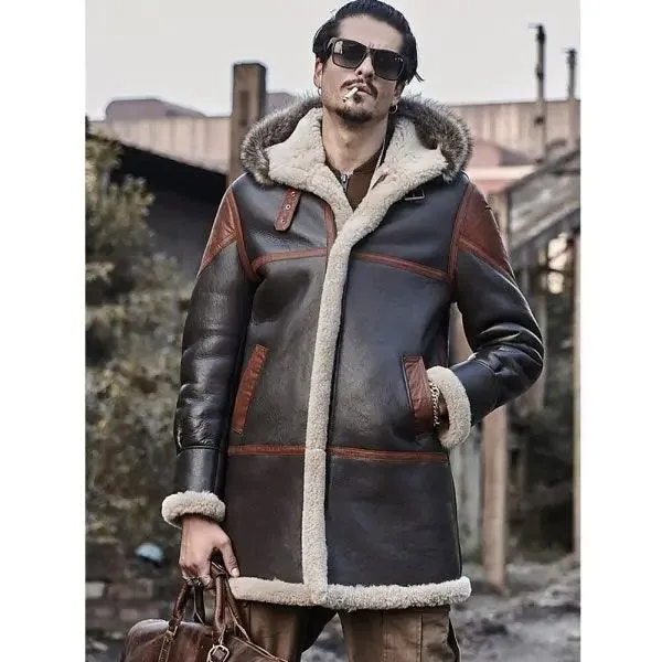 Men's Bomber Shearling Hooded Leather Jacket Trench Coat