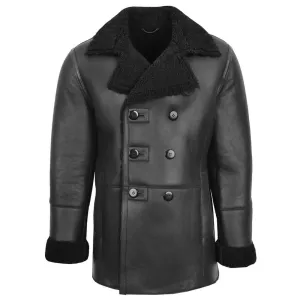 Mens Double Breasted Shearling Sheepskin Coat in Black