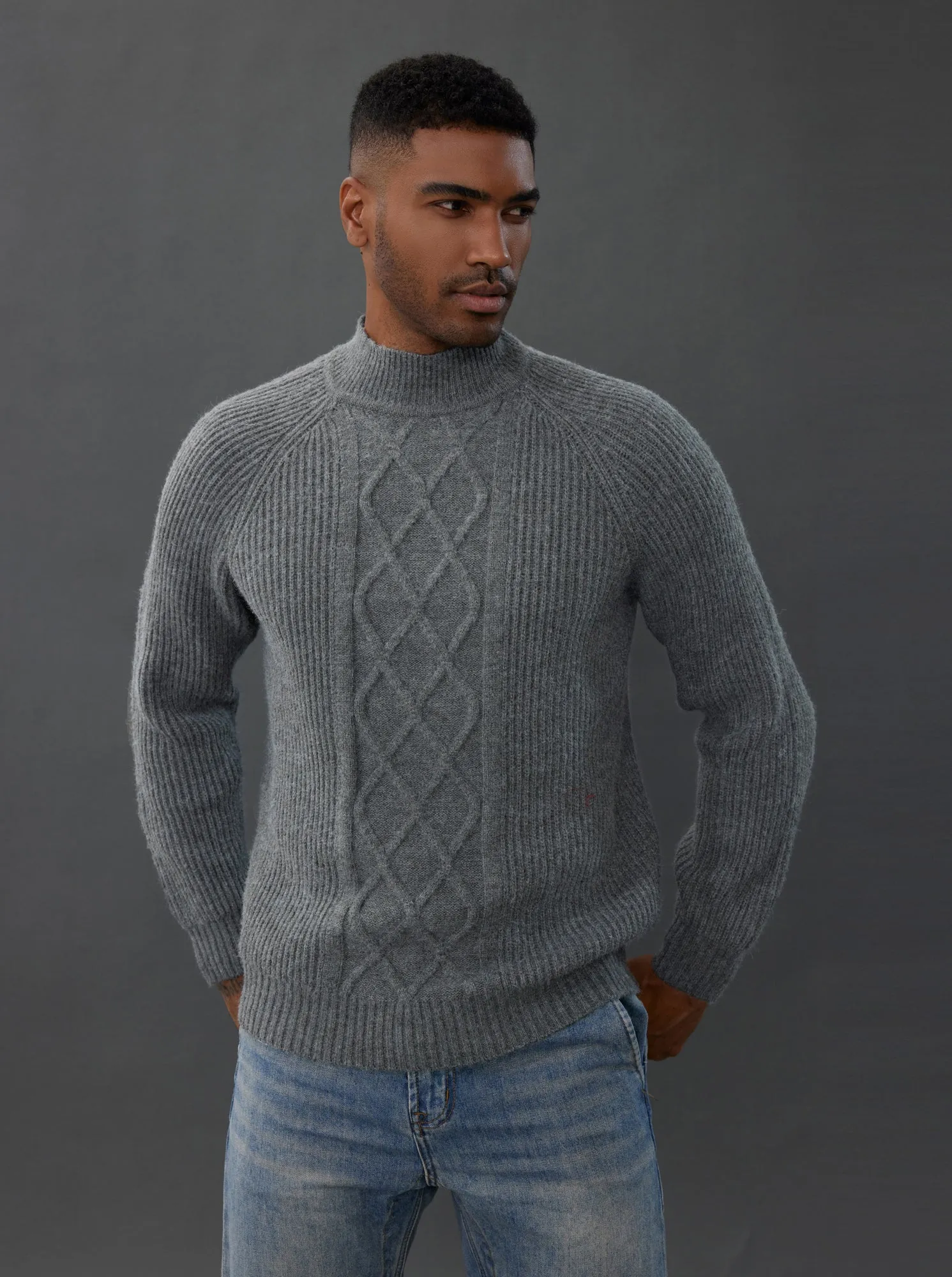 Men's Mock Neck Sweater Casual Cable Twisted Knitted Pullover Sweater