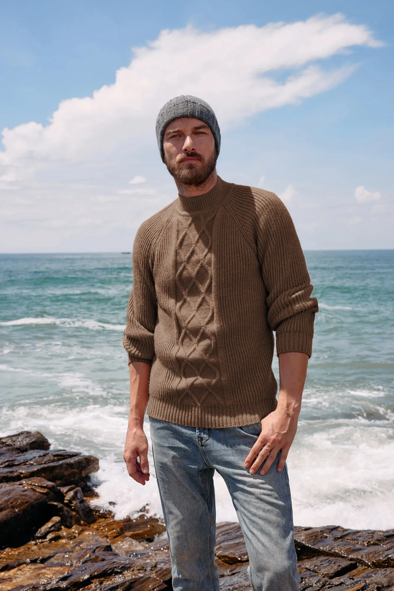 Men's Mock Neck Sweater Casual Cable Twisted Knitted Pullover Sweaters