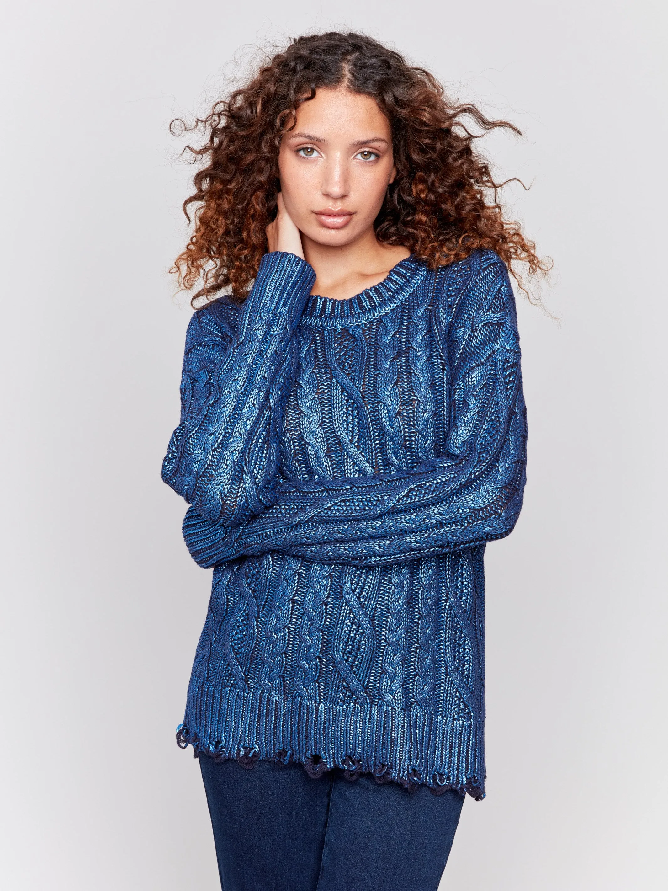 Metallic Cable Knit Sweater - Blue