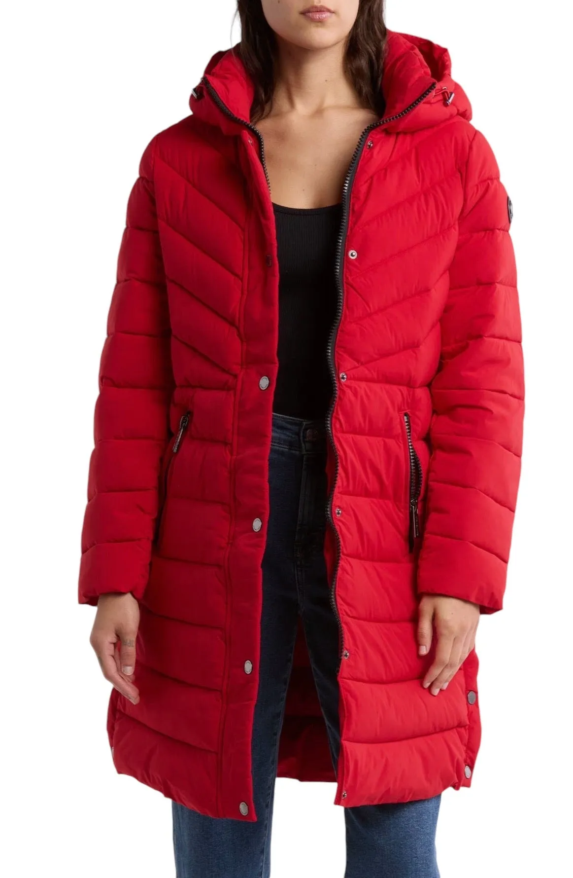 Michael Kors Hooded 450 Fill Power Longline Puffer Jacket L Crimson