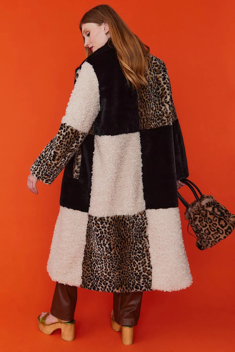 Mocha Faux Fur and Faux Shearling Maxi Coat