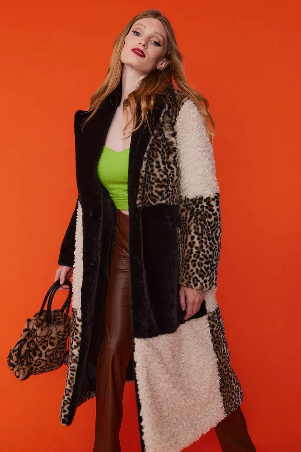 Mocha Faux Fur and Faux Shearling Maxi Coat