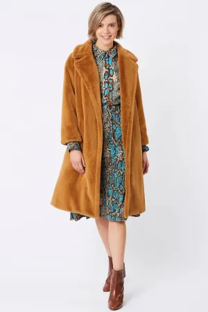 Mocha Faux Fur Midi Shaved Shearling Coat