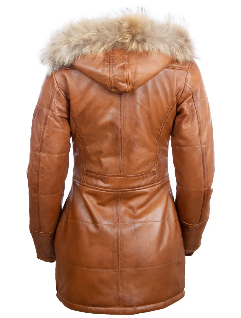 N5SQ Women's Trench Fur Hood Coat - Timber