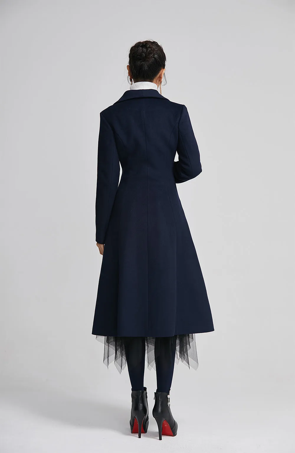 navy wool coat for women with double breasted and pockets  2249