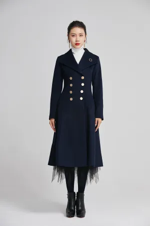 navy wool coat for women with double breasted and pockets  2249