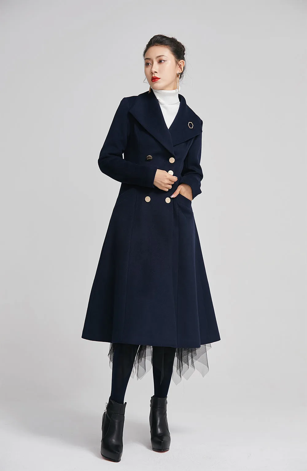 navy wool coat for women with double breasted and pockets  2249