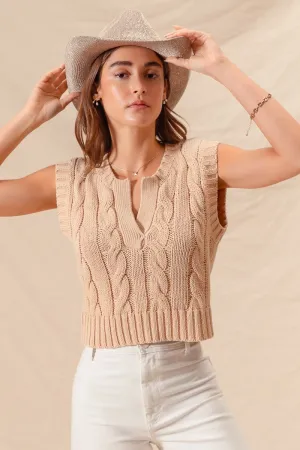 Notched Neck Cable Knit Sweater Vest