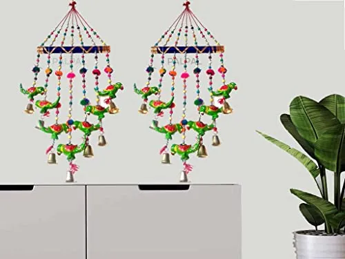 PALPAL Green Parrot Wind Chimes Set of 2 Wall Hanging Home Décor Door Hanging(vsafe-bhrva)