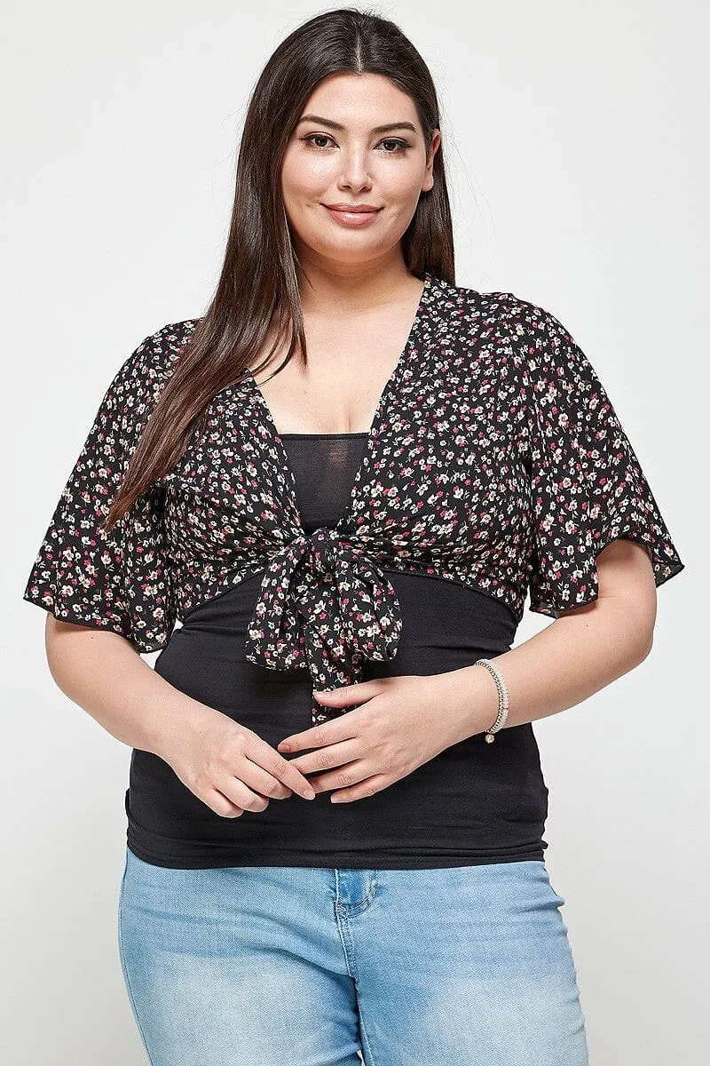 Plus Size Black Ditsy Floral Print Cropped Bolero Cardigan