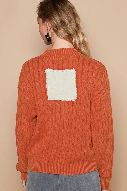 POL Cable-Knit Peace Patch Dropped Shoulder Sweater