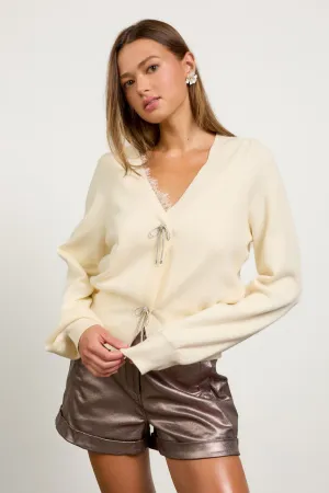 Puff Sleeve Ribbon Trim Cardigan Cream