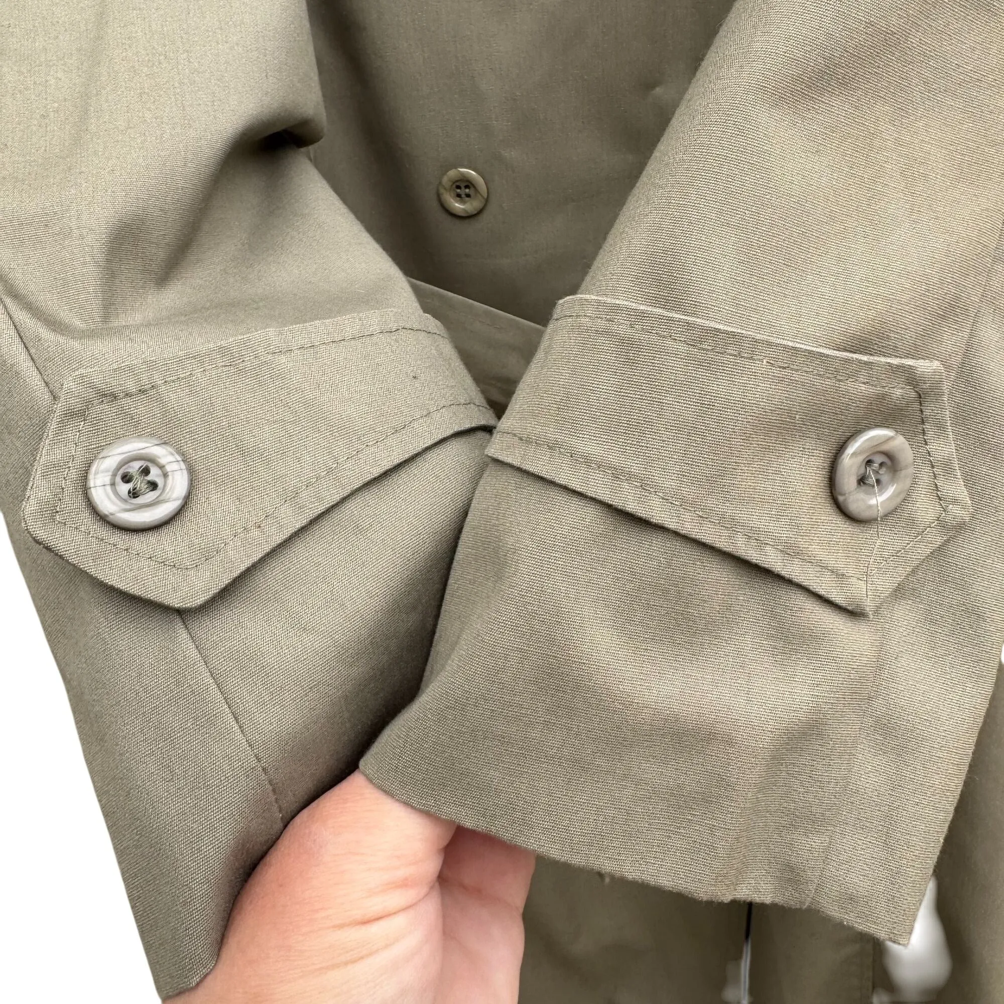 Rain Or Shine Vintage Womens Khaki Double-Breasted Belt Button Cuffs Trench Coat 14