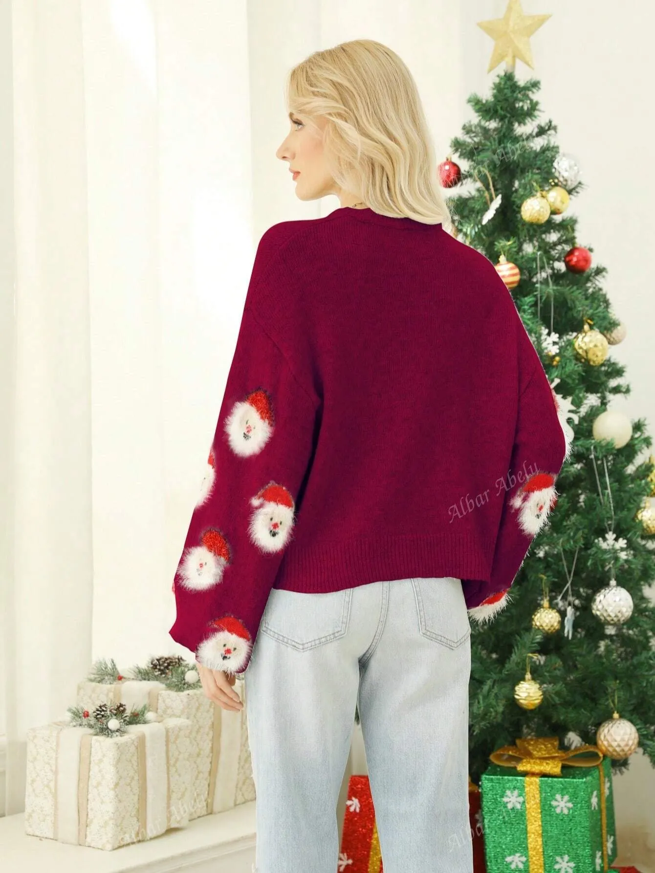 Red Violet Crew Neck Santa Claus Printed Sweater