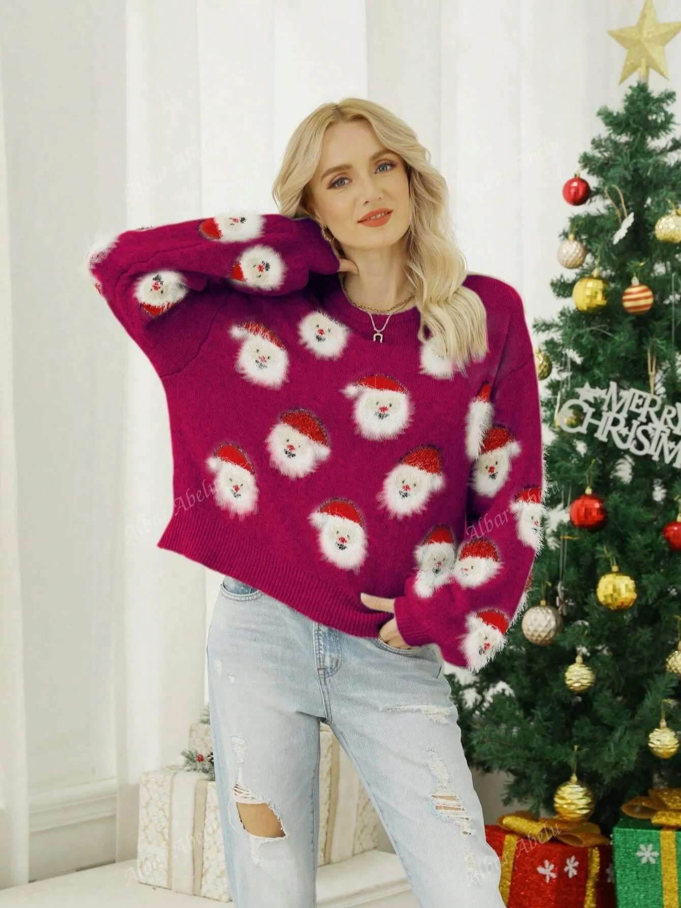 Red Violet Crew Neck Santa Claus Printed Sweater