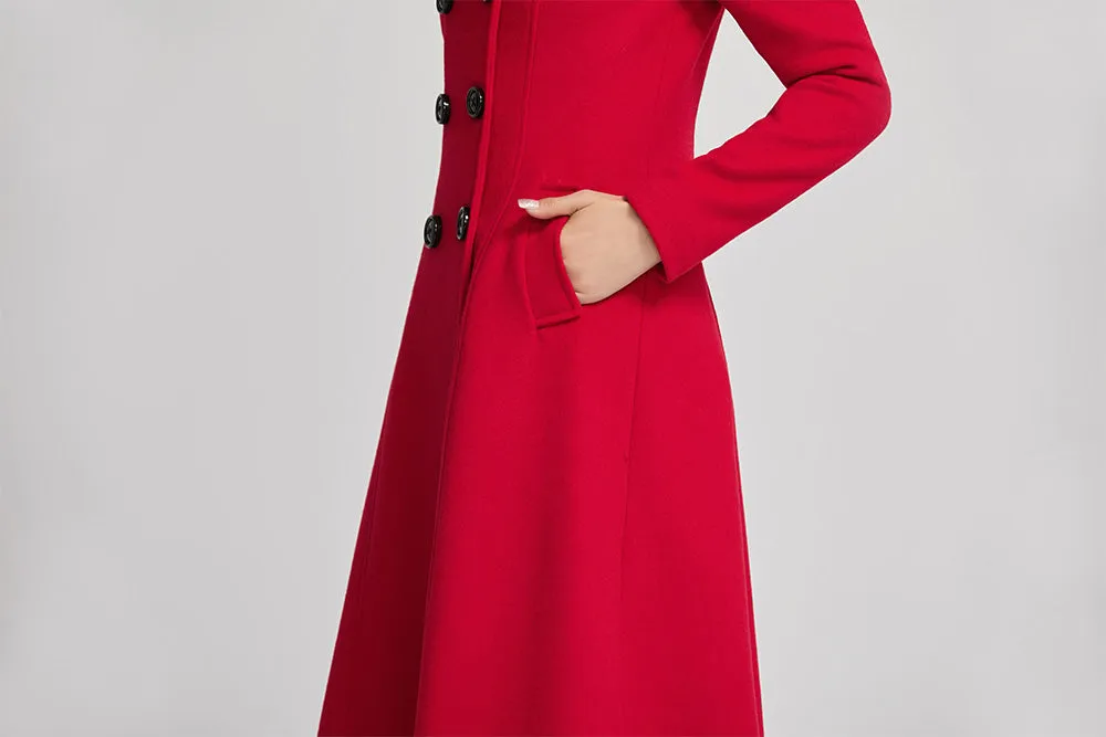 Red winter women wool long coat with pockets 2262