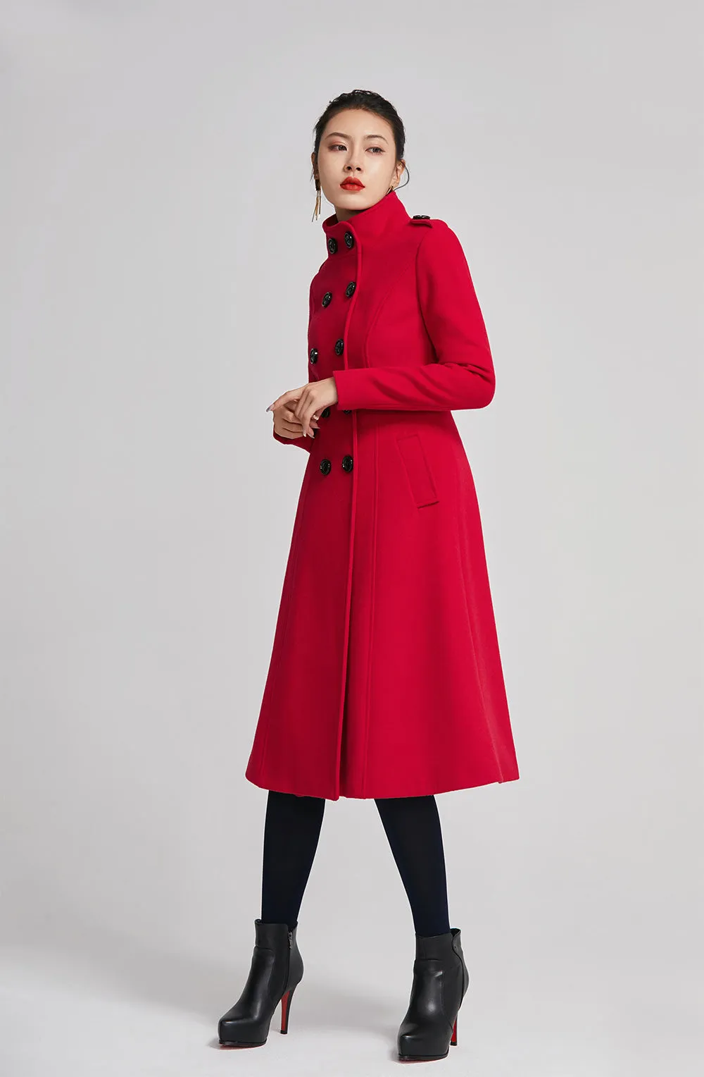 Red winter women wool long coat with pockets 2262