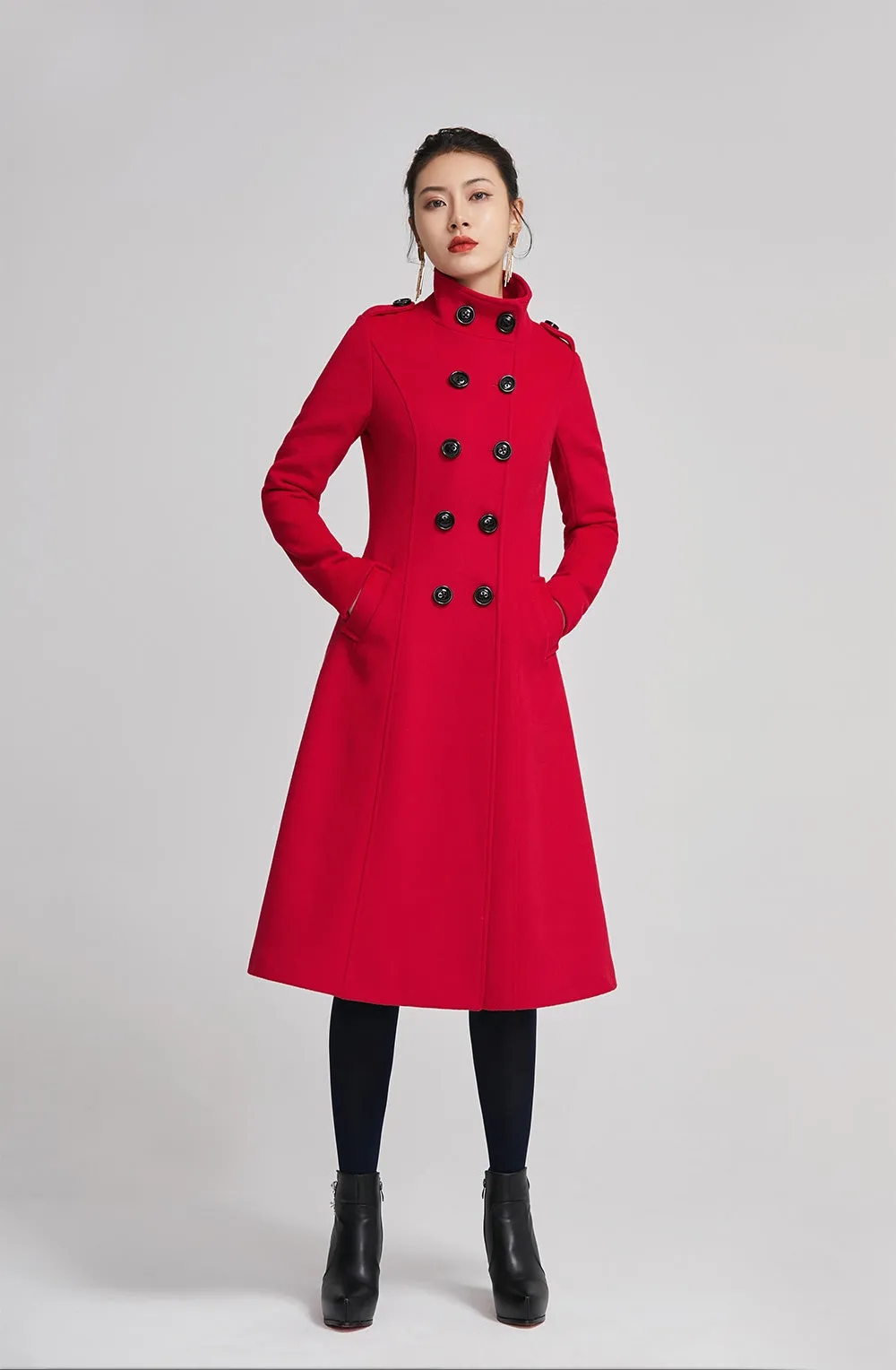 Red winter women wool long coat with pockets 2262