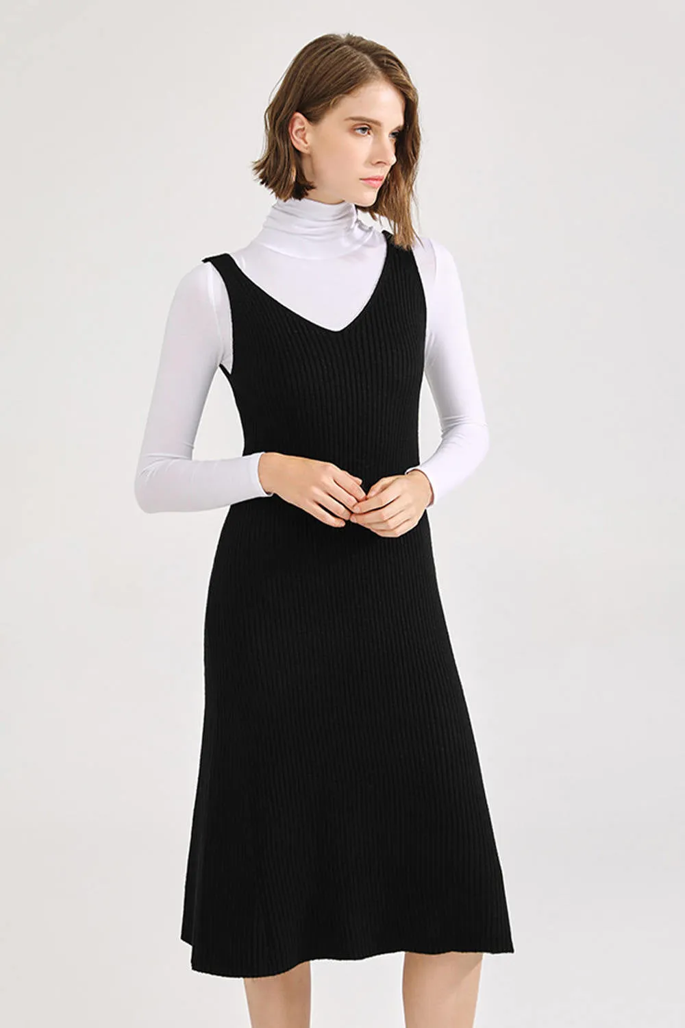 Ruffle V Neck Knitted Vest Dress