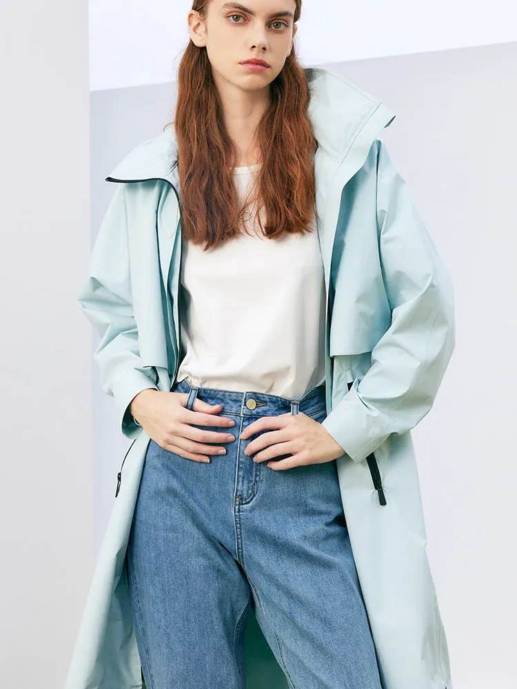 Sea Blue Slim Hooded Trench Coat