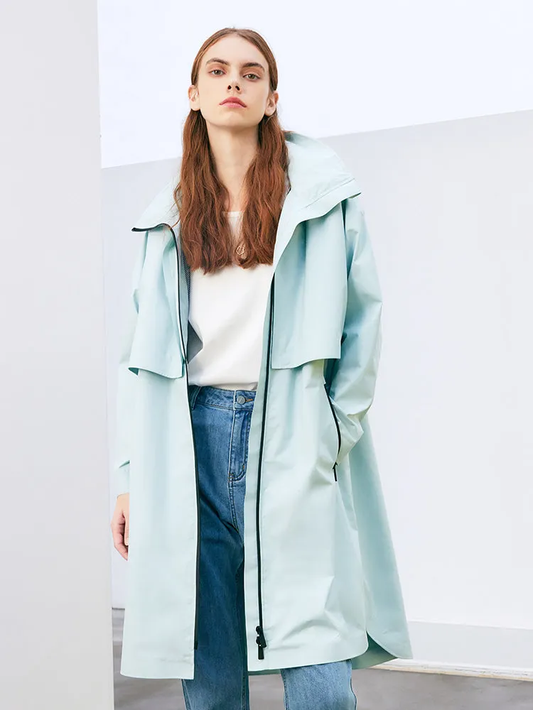 Sea Blue Slim Hooded Trench Coat