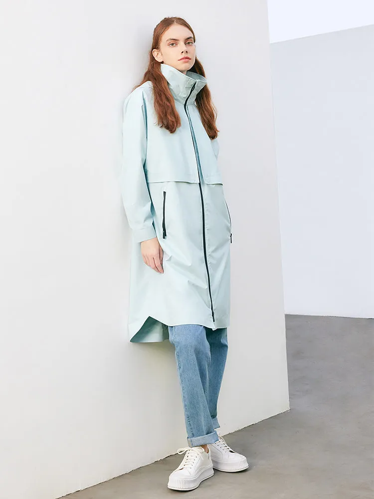 Sea Blue Slim Hooded Trench Coat