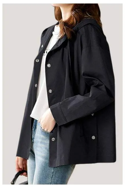 Short hooded trench coat.