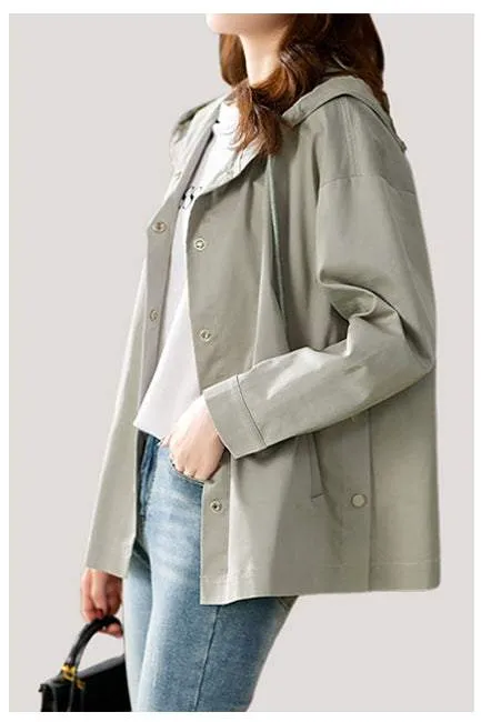 Short hooded trench coat.