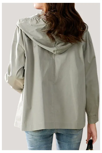 Short hooded trench coat.