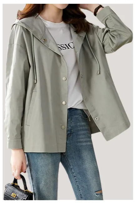 Short hooded trench coat.