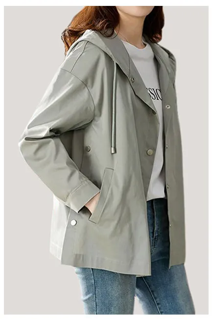 Short hooded trench coat.