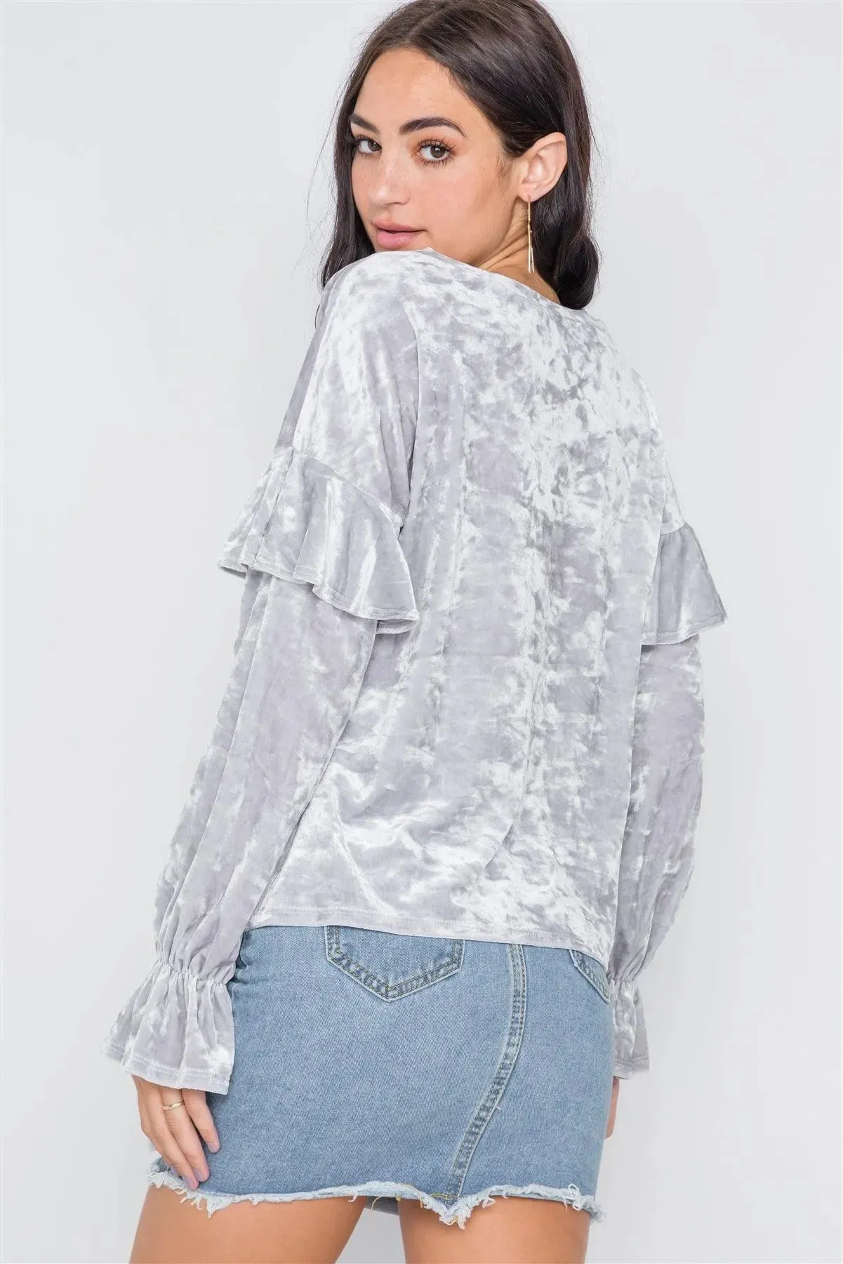 Silver Crushed Velvet Long Ruffle Sleeve Top /2-2-2