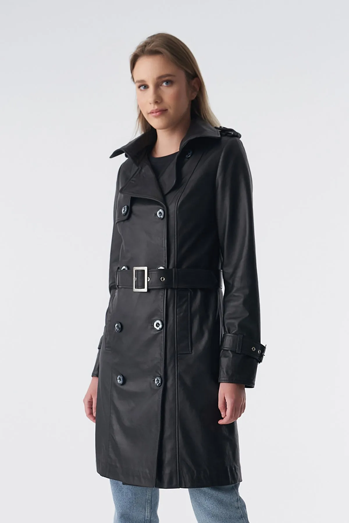 Soho Leather Trench Coat, Black