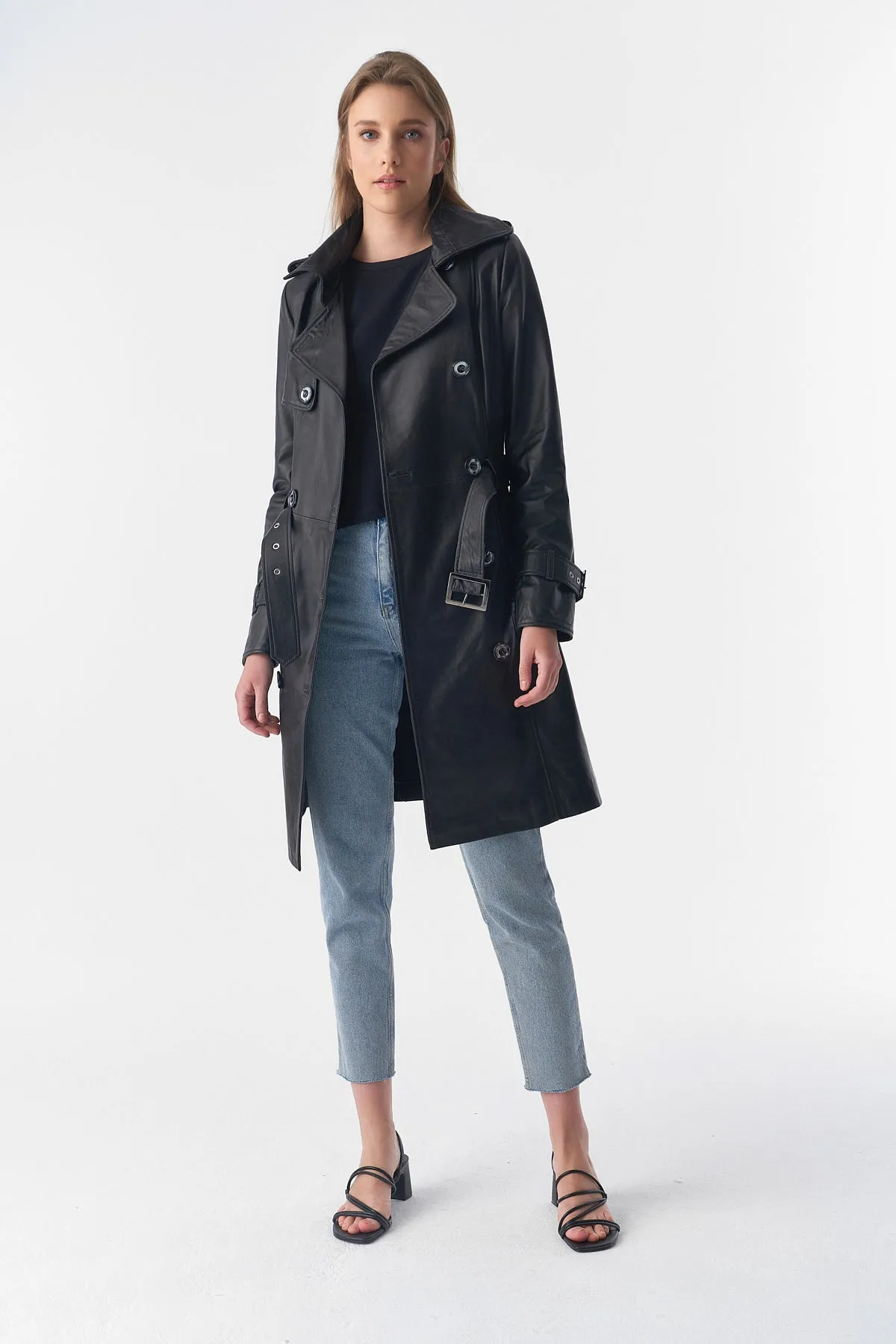 Soho Leather Trench Coat, Black