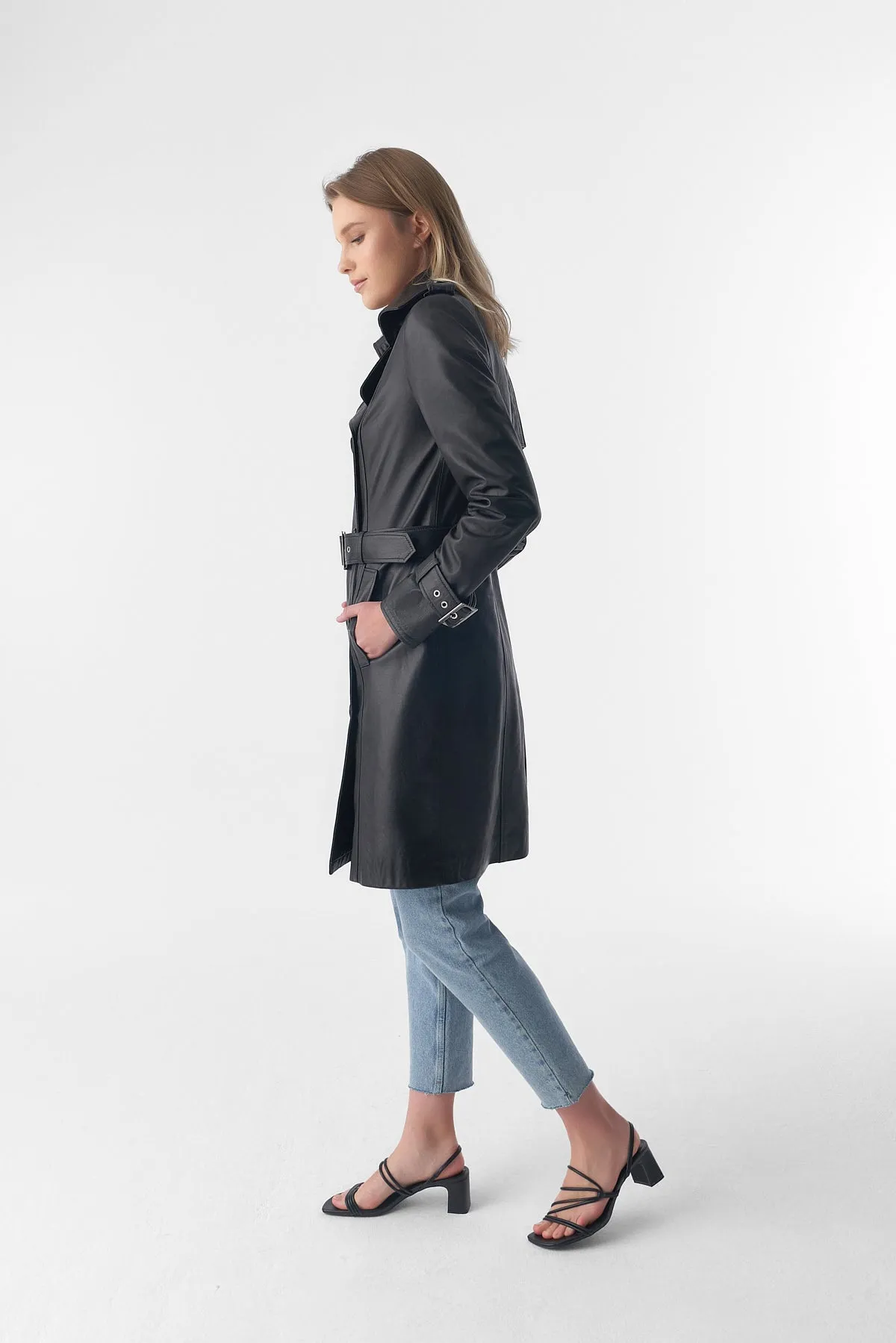 Soho Leather Trench Coat, Black