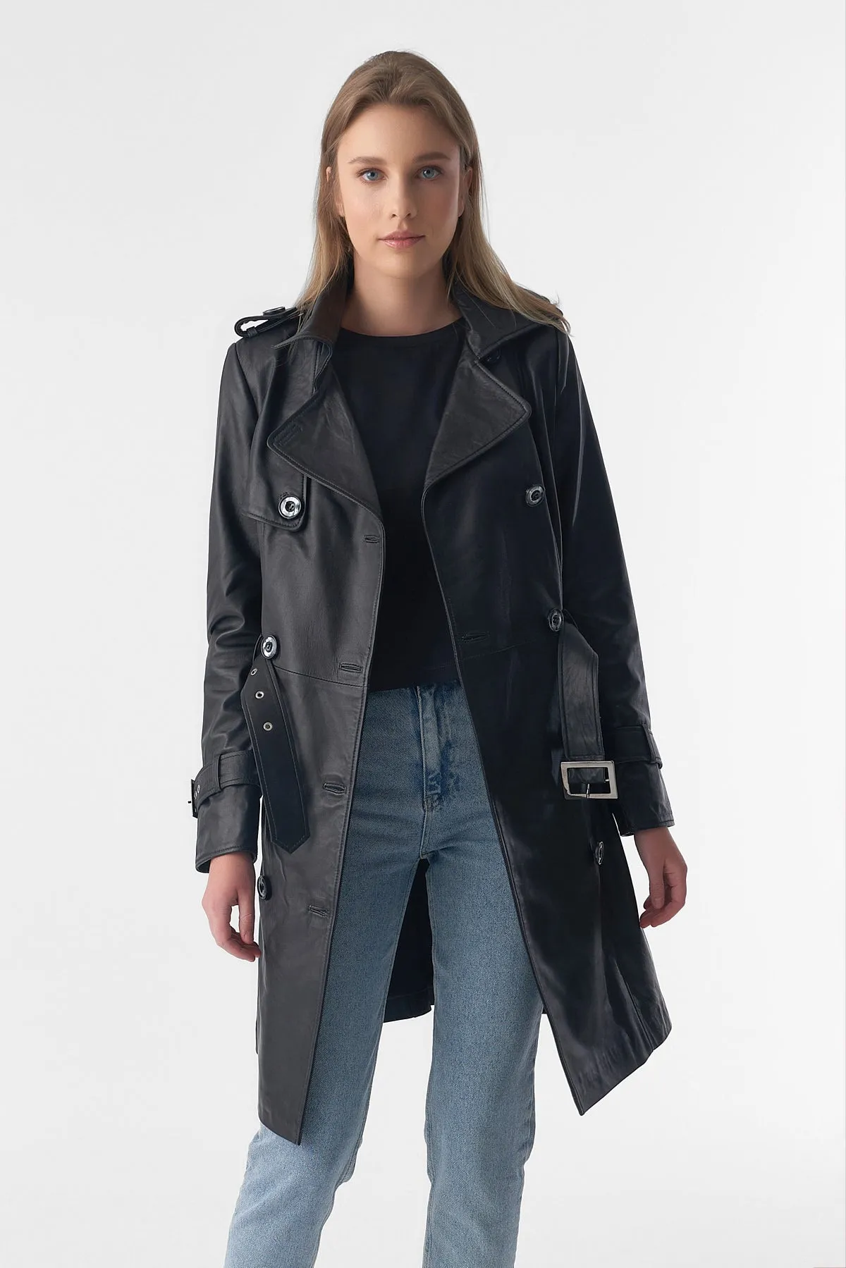 Soho Leather Trench Coat, Black