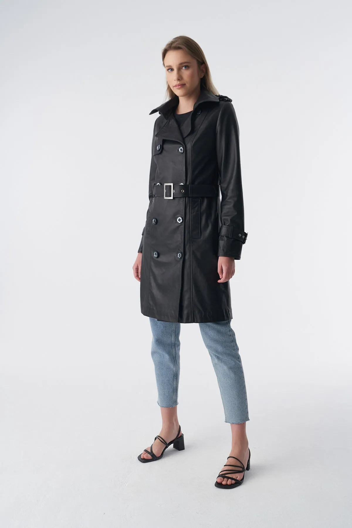 Soho Leather Trench Coat, Black