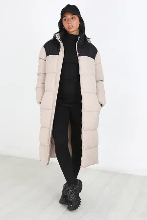 STONE CONTRAST LONGLINE PADDED PUFFER JACKET