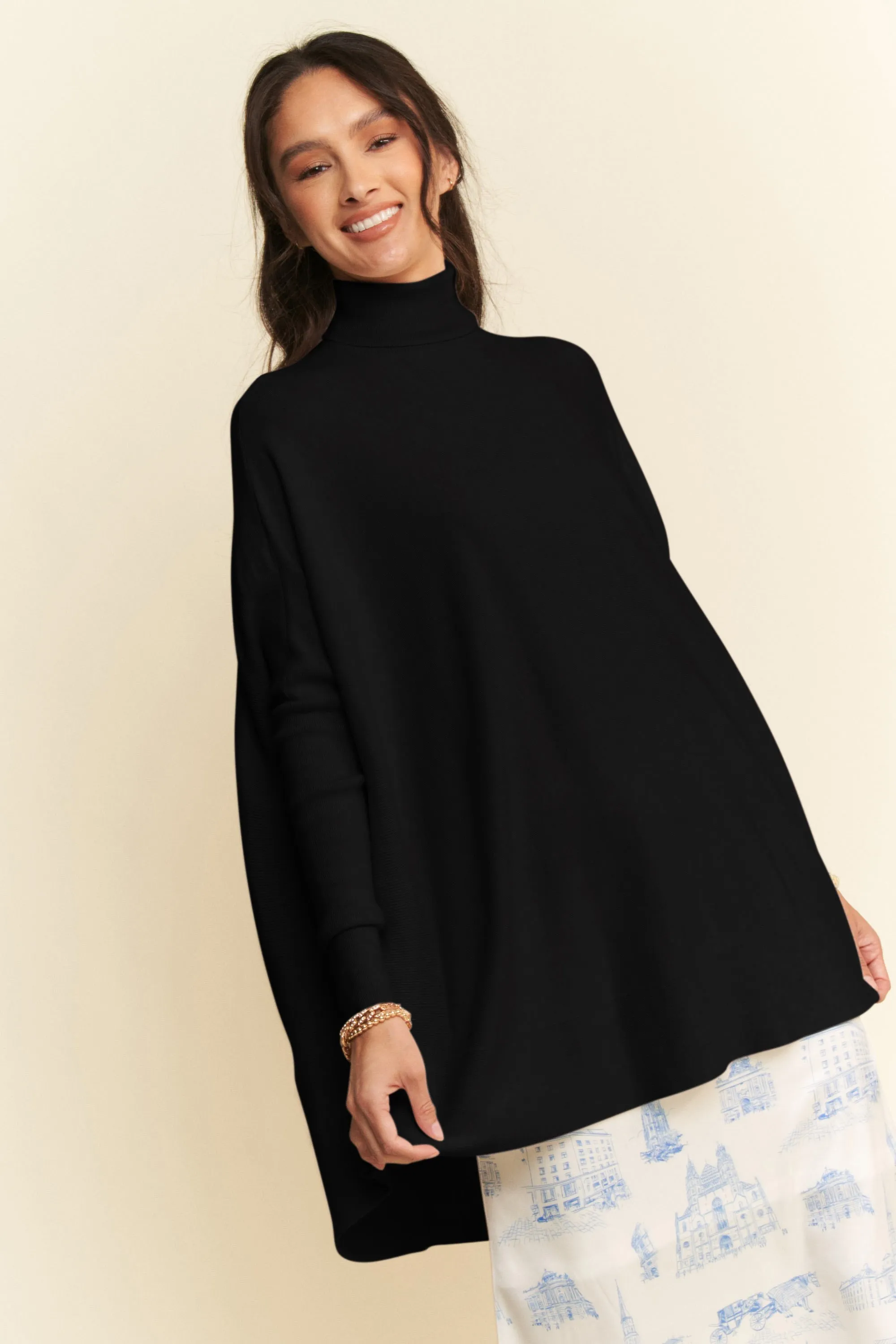 TEEK - Black High-Low Turtleneck Long Sleeve Knit Top