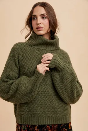 Textured Knitted Turtleneck Sweater OLIVE