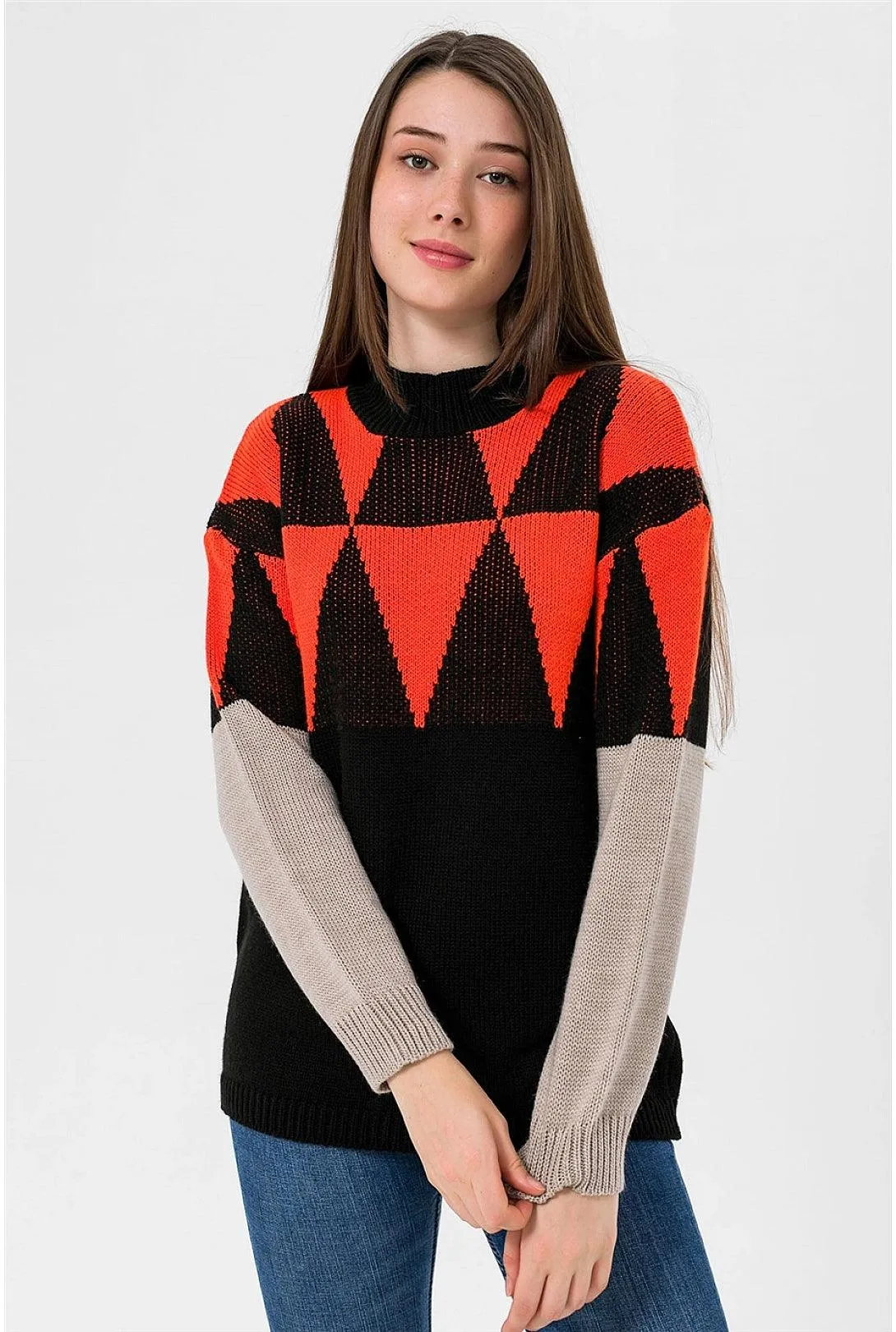 Triangle Patterned Womens Crew Neck Knitwear Sweater