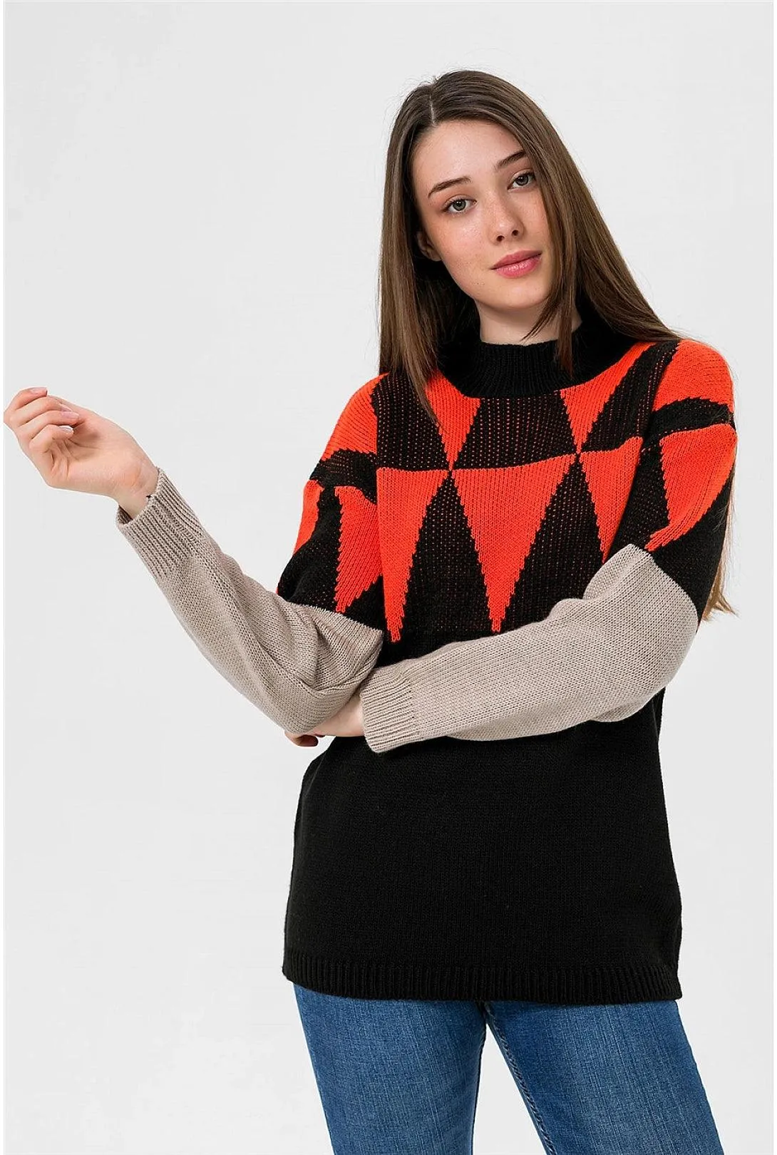 Triangle Patterned Womens Crew Neck Knitwear Sweater