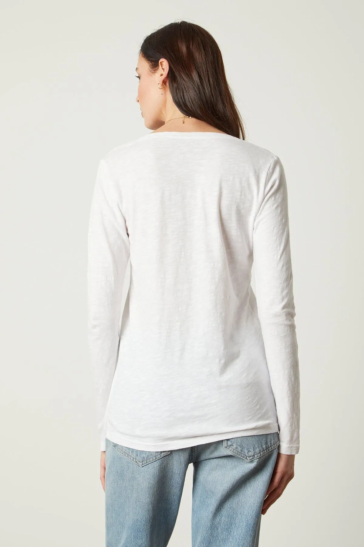 Velvet by Graham & Spencer Blaire Long Sleeve Cotton V- Neck Tee Shirt | White