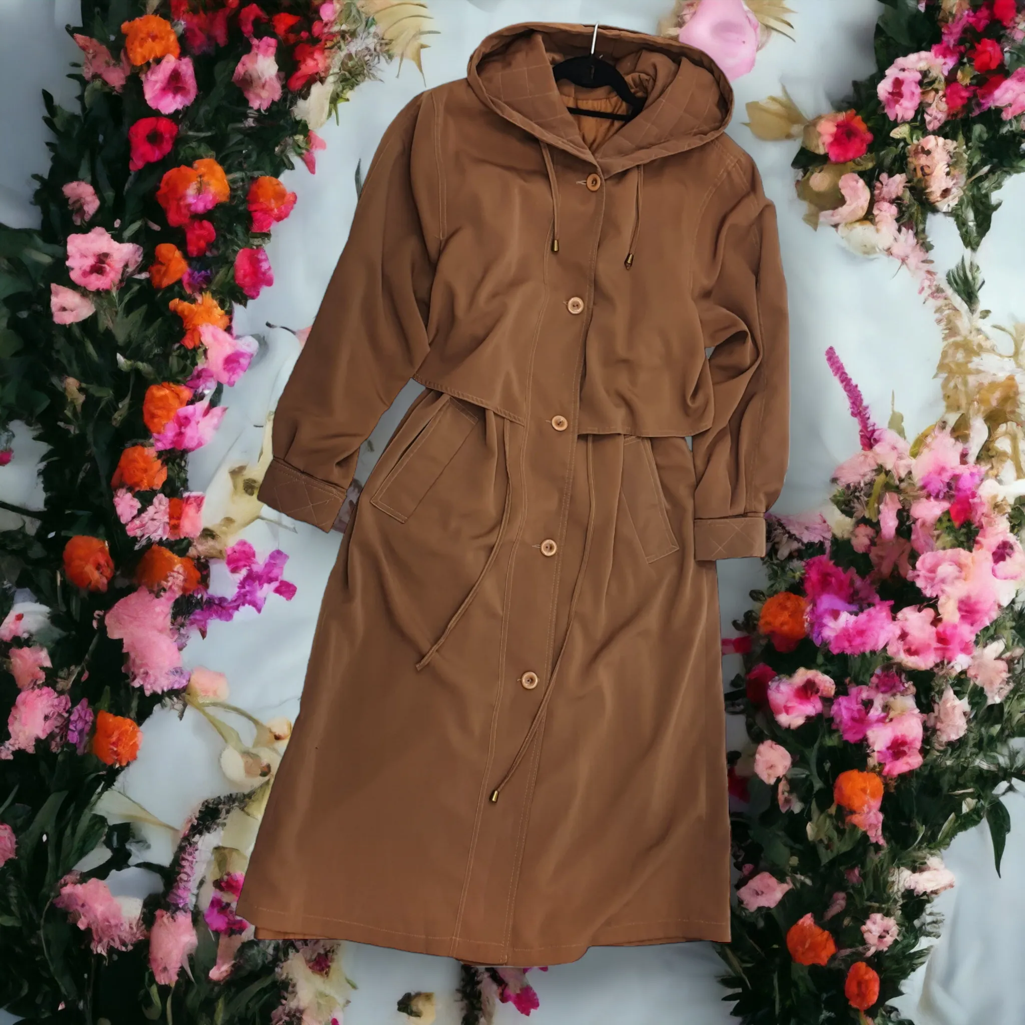 Vintage Camel Hooded Long Trench coat  - M/L