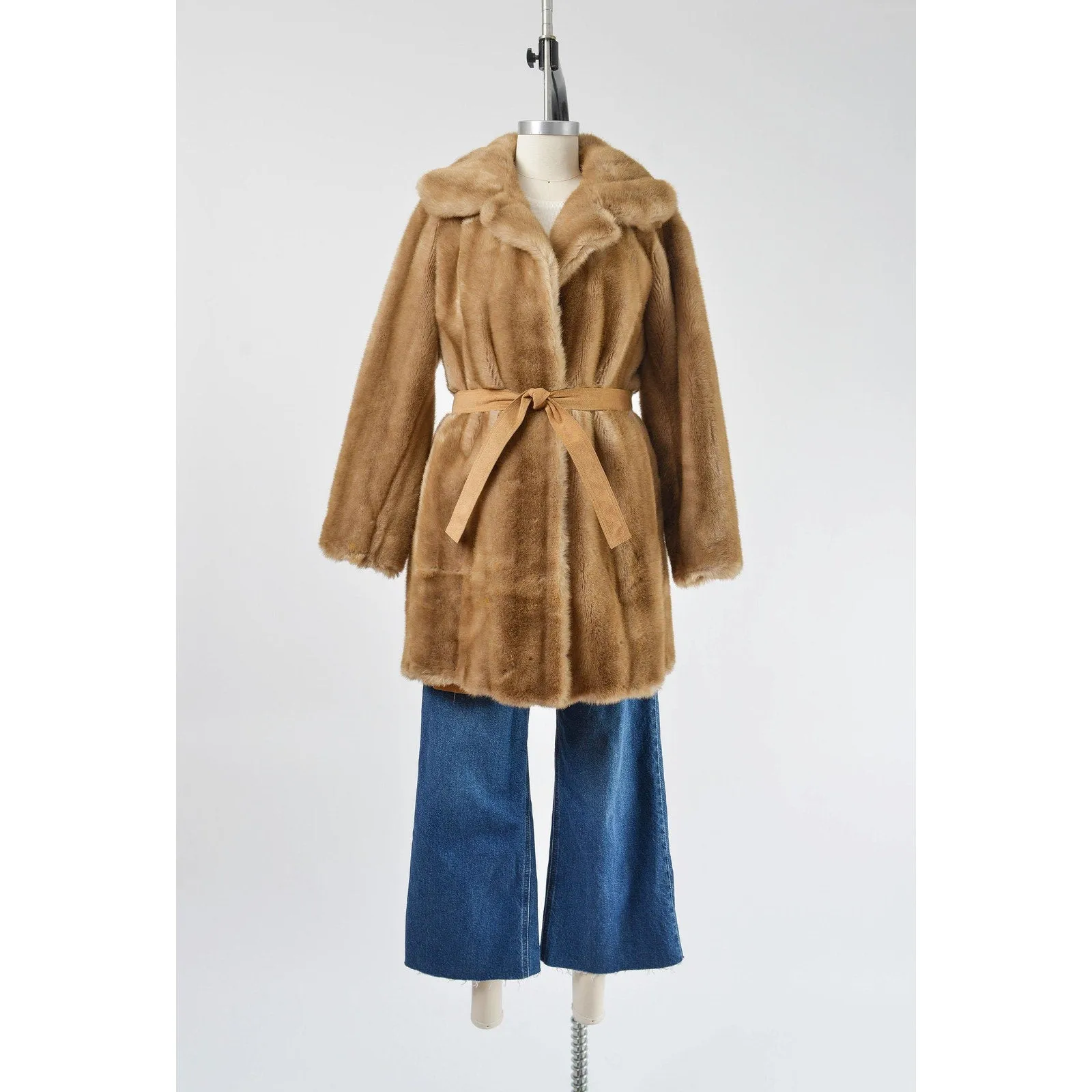 Vintage Lilli Ann Coat Brown Faux Fur Winter Coat with Tie Belt size XS S