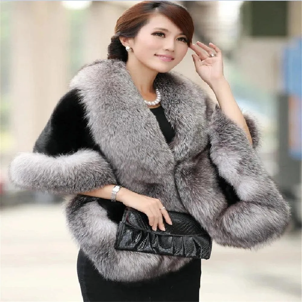 Wenkouban-Winter outfits Christmas Elegant Faux Fur Cocktail Wrap Coat